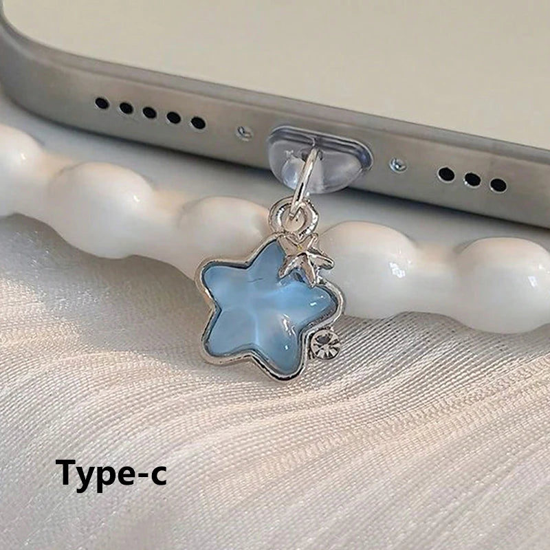 Diamond Star Dust Plug Charm Fashion Ladies Charge Port Plug For iPhone Type C Micro USB Dust Protection Cap Phone Pendant Gift Zpaxo Blue For Type C