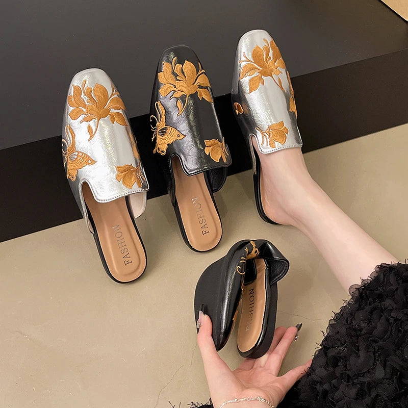 Women's Sandals Embroidered Love Metal Buckle Casual Fashion