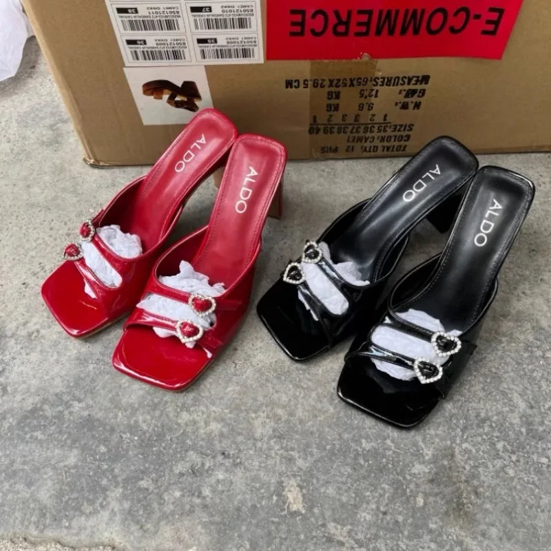 Women's Slippers 2024 New Summer Square Toe Rhinestone Buckle High Heels Casual Sexy Slim Heels Women's Cool Slippers Women's Zpaxo