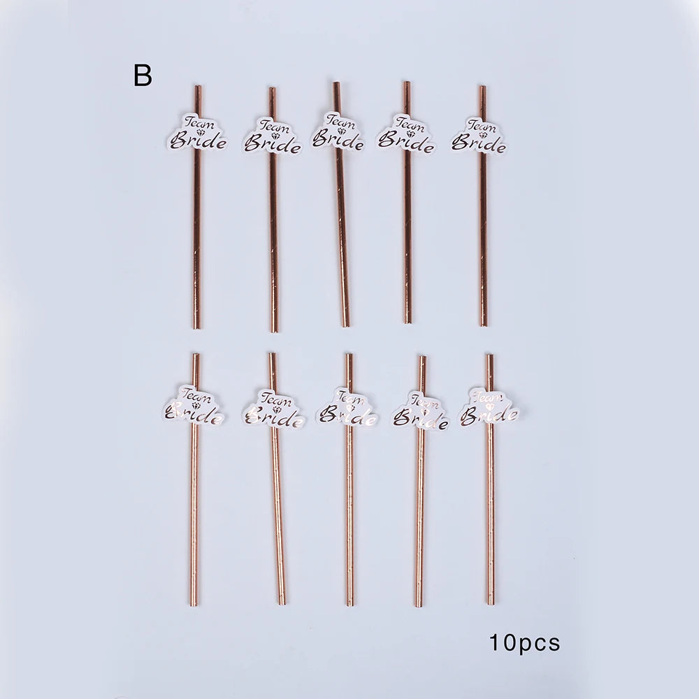 10Pcs Party Straws Team Bride Rose Gold Foil Paper Drinking Straws Bridal Shower Wedding Hen Party Accessories Zpaxo 10Pcs B