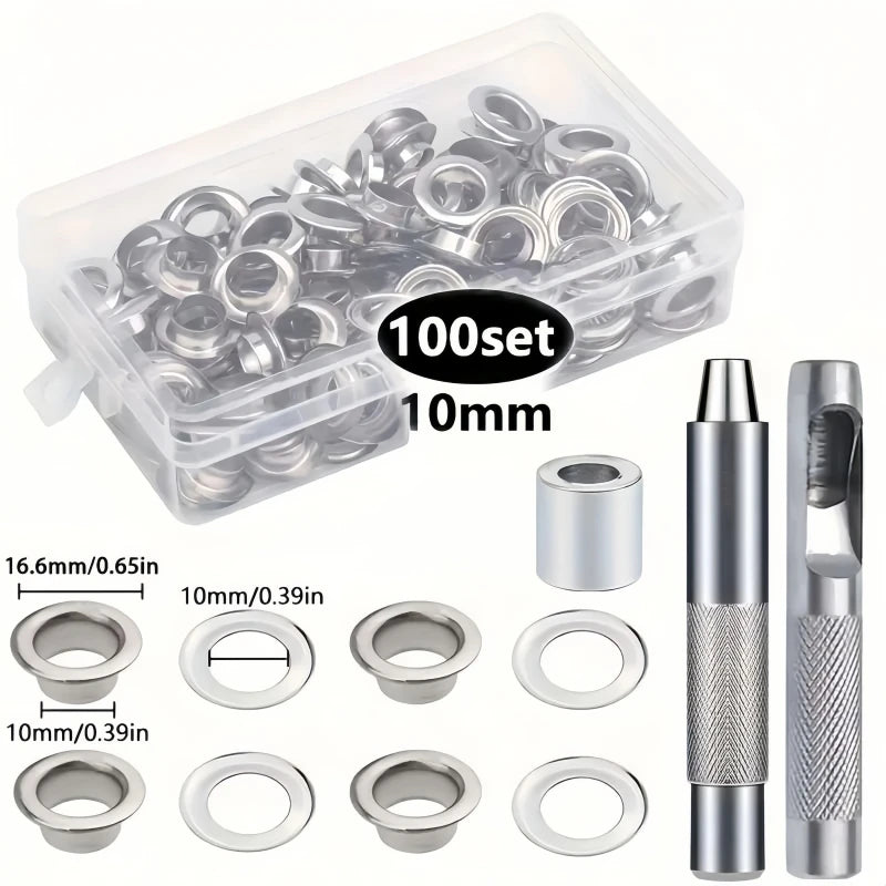 Grommet Tool Kit 100 Sets Grommets Eyelets 6mm 10mm 12mm 14mm Inside Diameter Silver for Clothes Shoes Bag Leather Crafts DIY Zpaxo