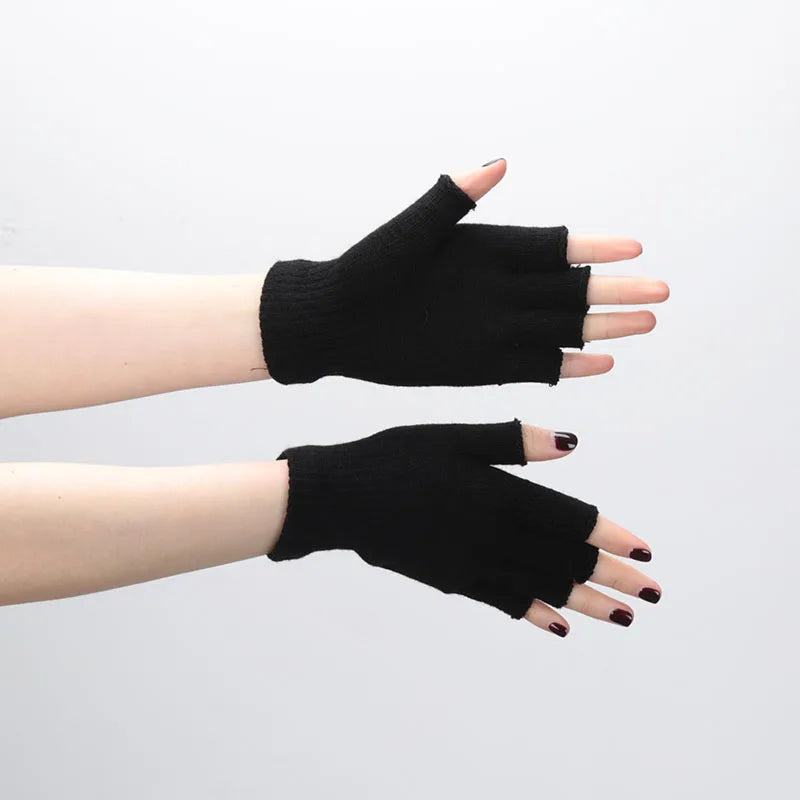 Autumn Winter New Half Finger Warm Gloves For Men Women Students Solid Knitted Mittens Outdoor Knitting Cycling Writing Gloves Zpaxo ST008-Black