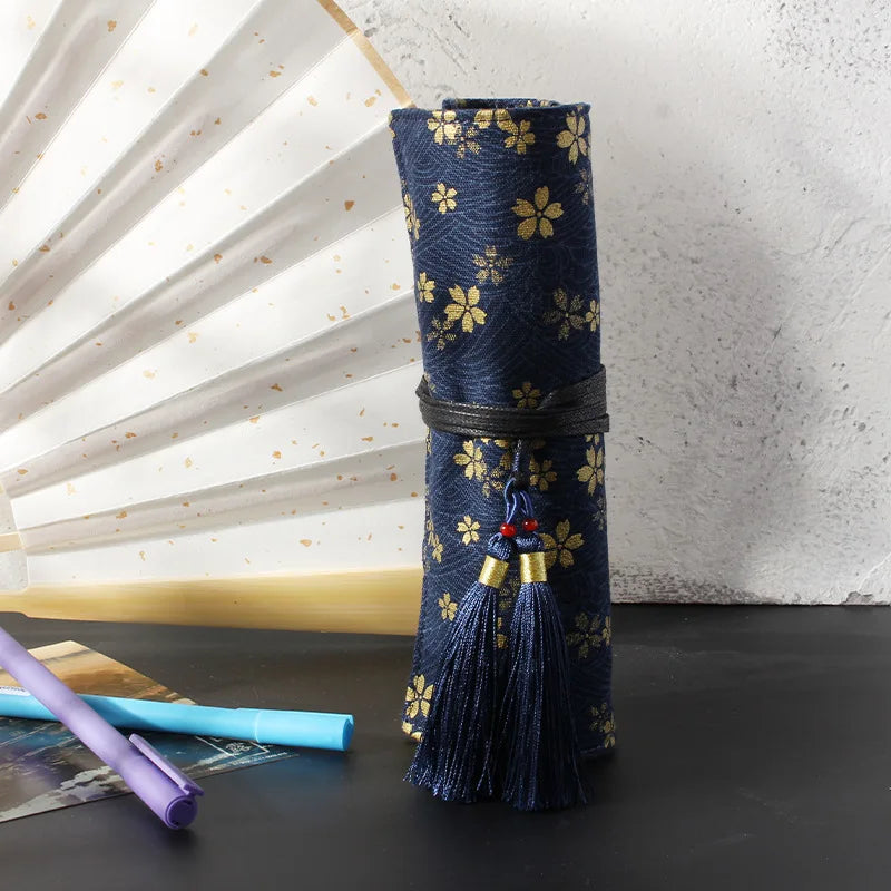 Japanese Retro Chinese Style Gold Foil Canvas Pen Case Student Minimalist Large Capacity Pencil Bag Zpaxo