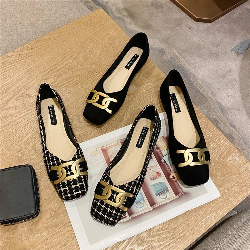 Flat Shoes Women's Square Toe New Spring Summer Fashion Shallow Metal Buckle Plaid Suede Ladies Shoes Women Plus Size 44 45 46 Zpaxo