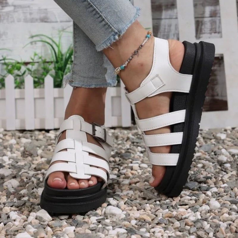 2025 New Women Sandals Platform Casual Flats Shoes Thick Bottom Flat Roman Strap Beach Shoes Women Summer Roman Style Sandals Zpaxo Beige 42