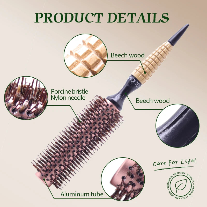 Boar Bristles Hair Brush Women Round Barrel Blowing Curling Styling Hair Comb Anti Static Roll Hairbrush Profissional Wood Combs Zpaxo