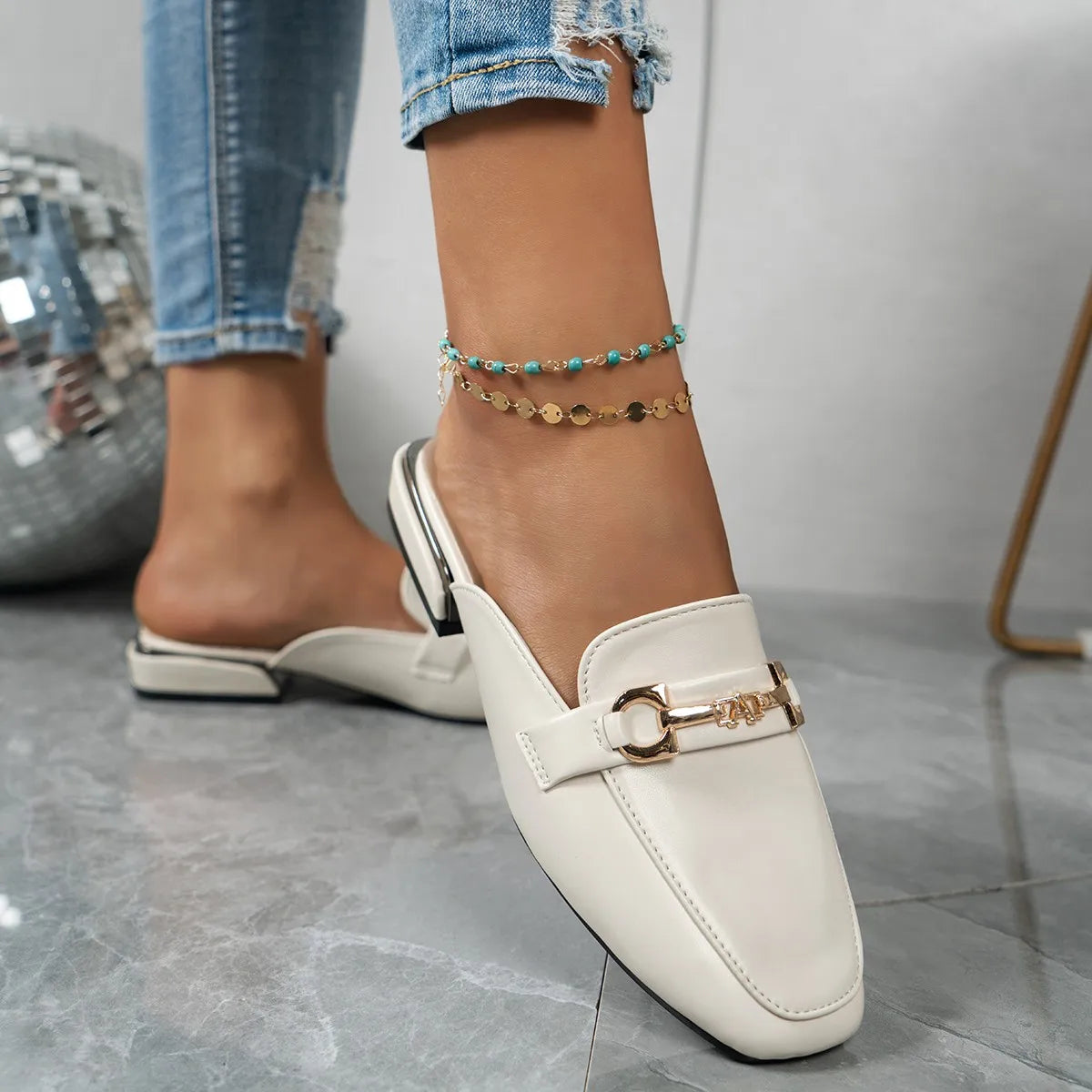 Women Slippers 2025 Beach Big Sandals Fashion Metal Lady Mules Shoes Zpaxo