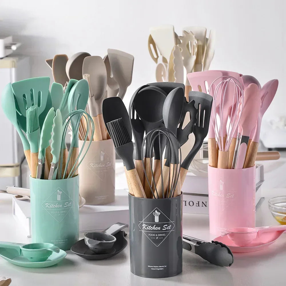 12-Piece Silicone Kitchen Utensils Set with Wooden Handles Cooking Utensil Set Zpaxo