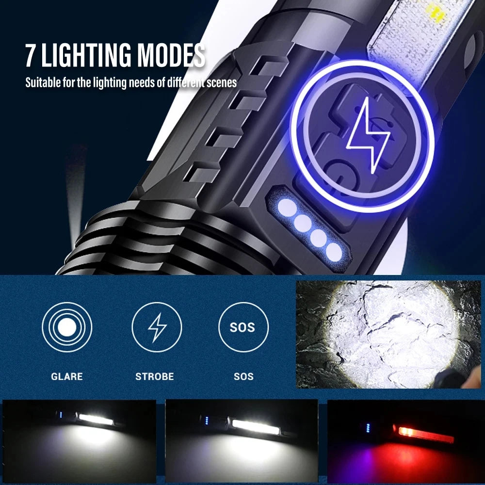 XHP70 LED Flashlight 7-Mode Zoomable USB Rechargeable Torch