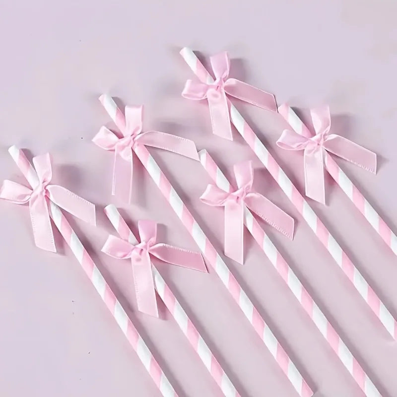 Pink Striped Bow Paper Straws Ribbon Labels Disposable Party Drinking