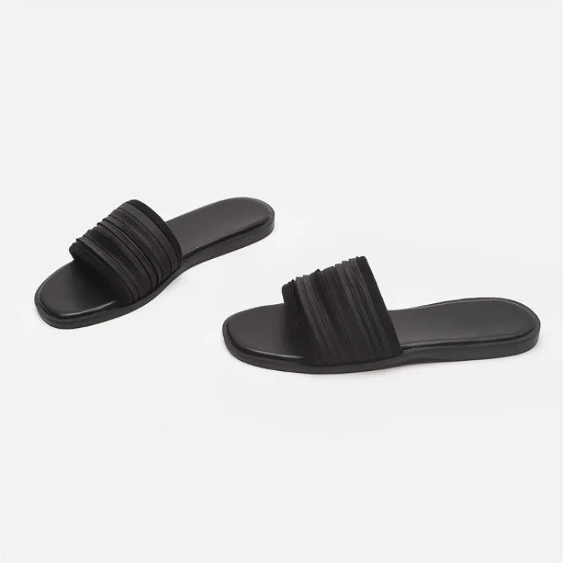 Slippers for Women Summer 2025 Low Heel Pleated Surface Beach Sandal Open Toed Flat Bottom Slippers Flats for Women Ladies Shoes Zpaxo