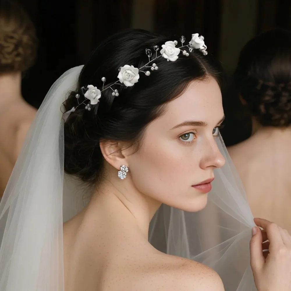 Hair Accessories Ribbon Bridal Headband Rose Flower Party Performance Pearl Flower Headband Floral Crown Women Zpaxo