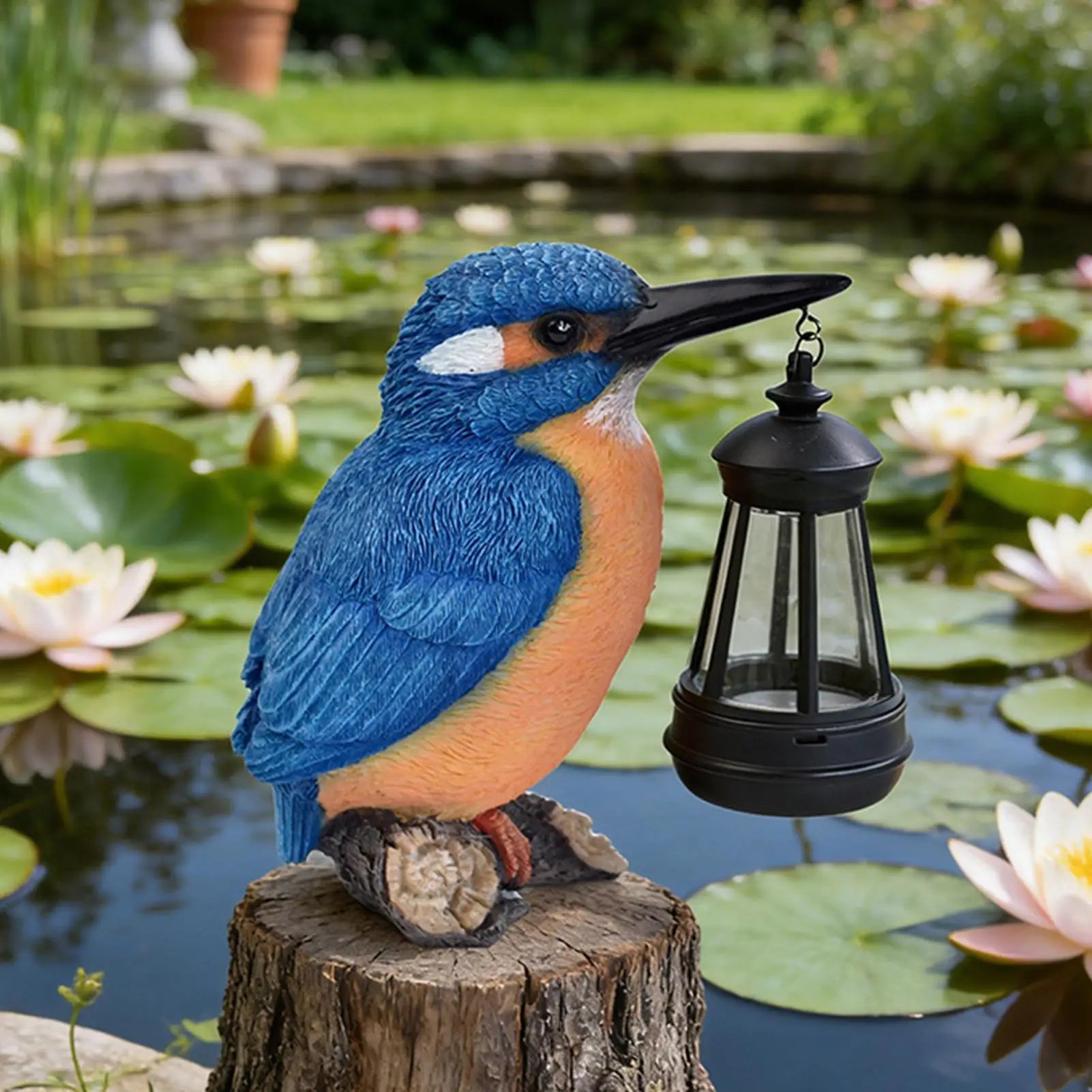 Bird Statues Outside Resin Blue Kingfisher Sculpture Solar Lantern