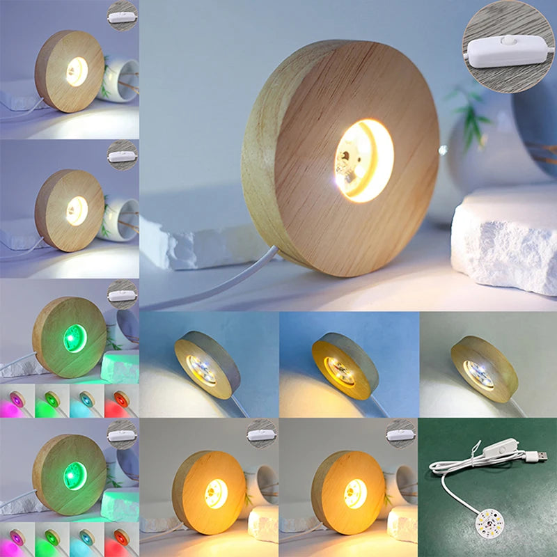 Wood Light Base Rechargeable Wooden LED Rotating Display Stand Lamp