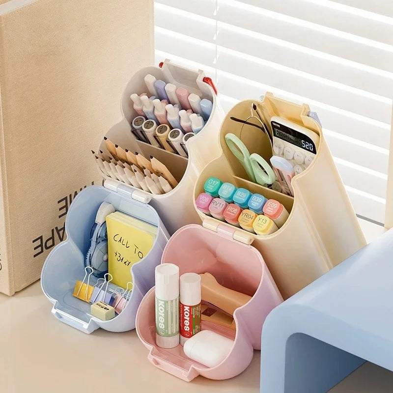 Cute Foldable Multi Compartment Pen Holder Plastic Desktop Storage
