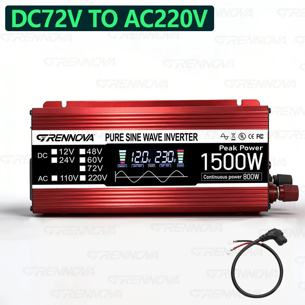 1500W Peak Power Inverter Pure Sine Wave, GRENNOVA 800W Continuous Car Converter for Refrigerator, Coffee Maker, Laptop, Camping Zpaxo 72V to AC 220V