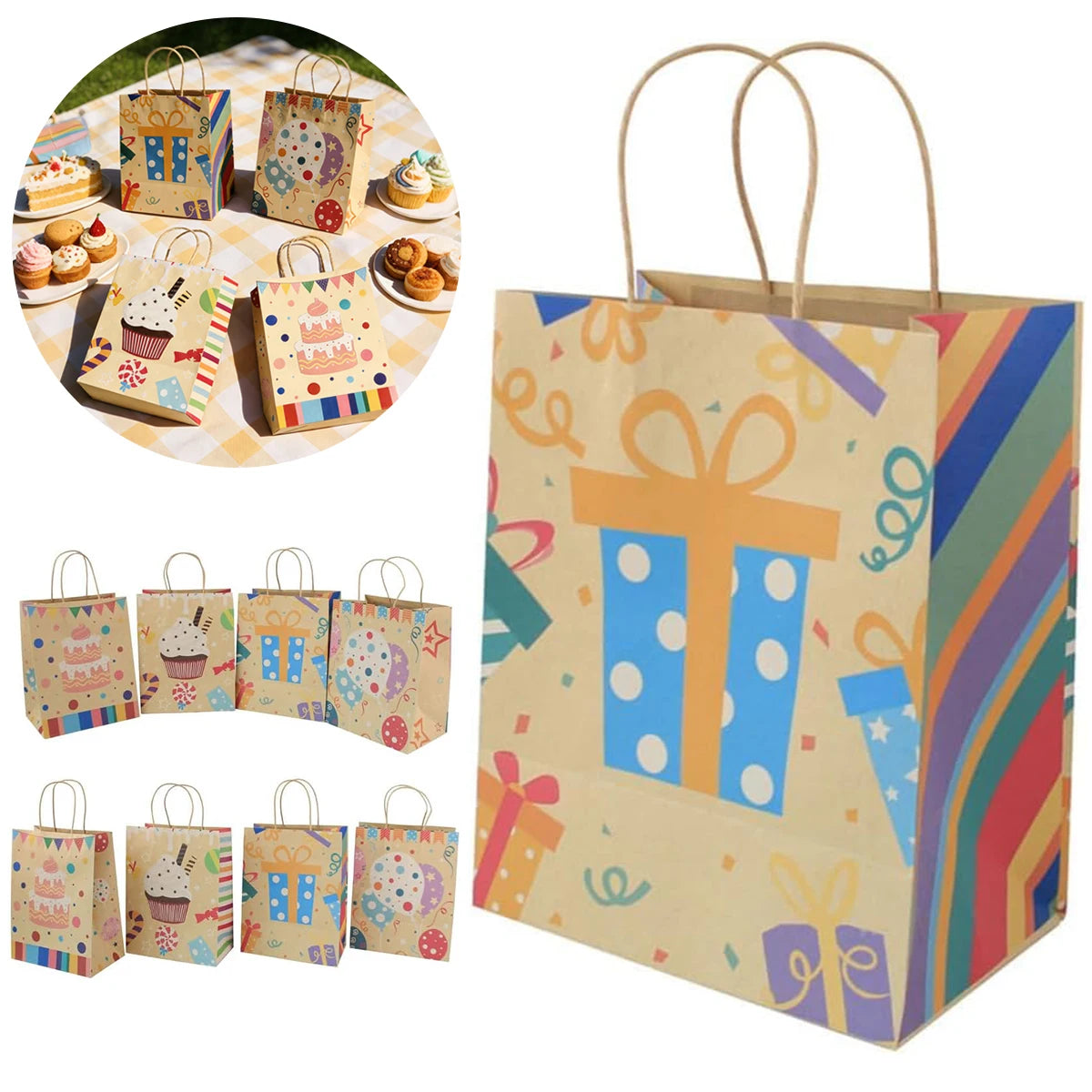 12-Pack Large Kraft Paper Gift Bags with Handles | Party Favors