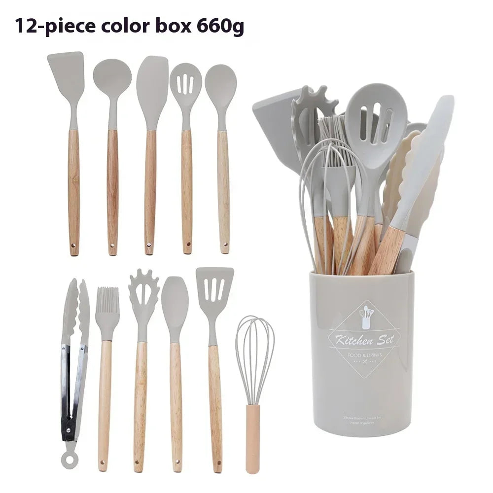 12-Piece Silicone Kitchen Utensils Set with Wooden Handles Cooking Utensil Set Zpaxo khaki 12Pcs