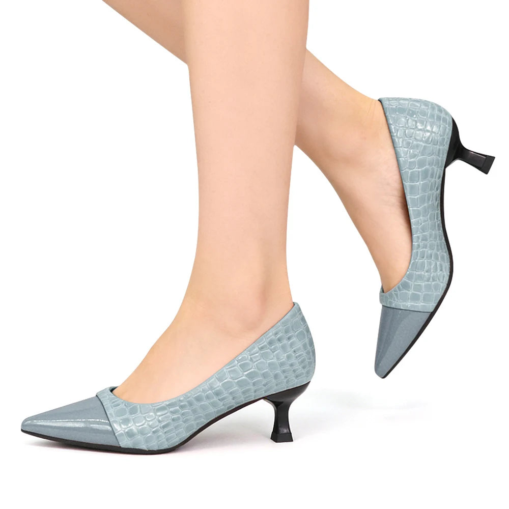 Sky Blue Pointed Toe Block Heel Pumps | Faux Leather Slip-On