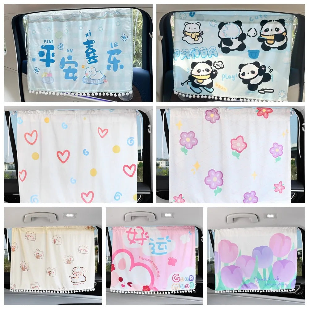 Flower Cartoon Car Curtain Suction Cup Panda Sunshade Sunscreen Zpaxo