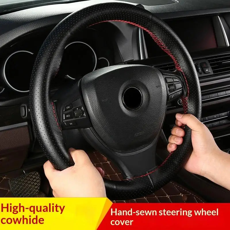 Hand-Sewn Leather Steering Wheel Cover – 38cm Universal