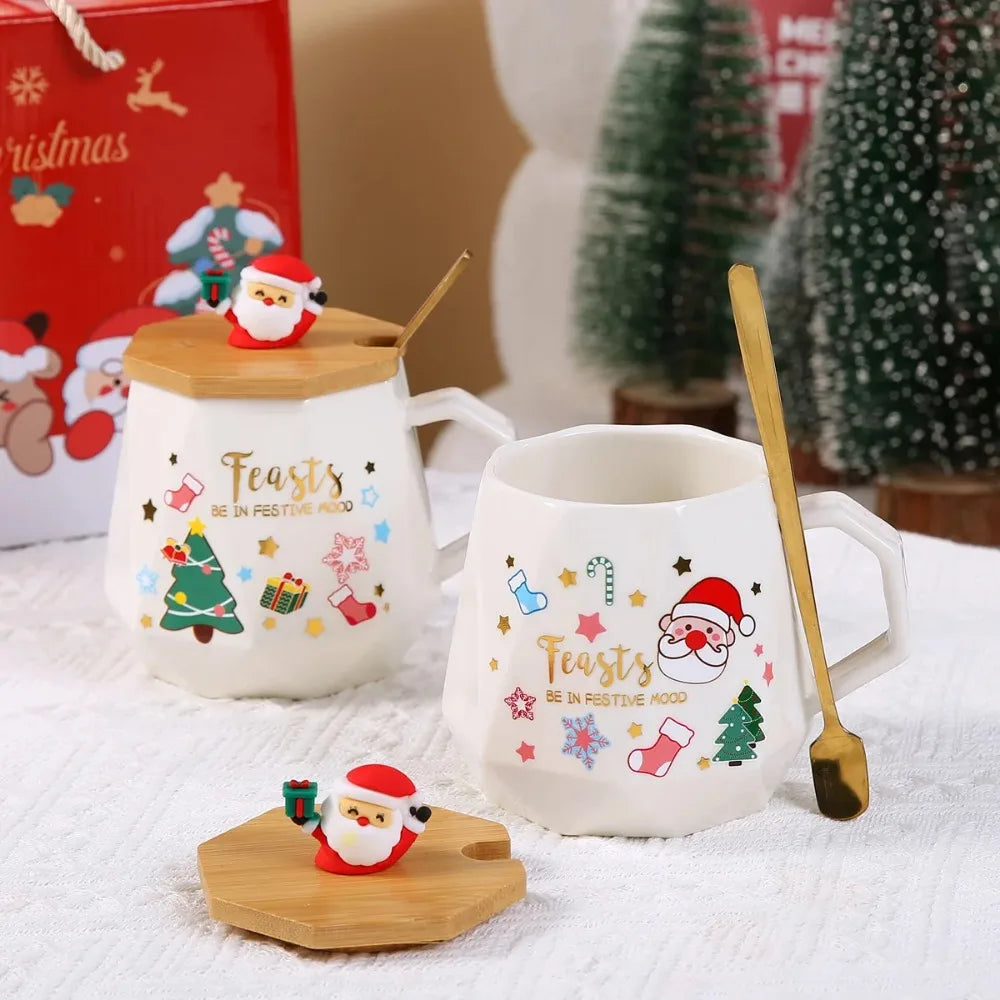 Christmas Ceramic Mug Lid Spoon Box Featuring Santa Claus Office Home