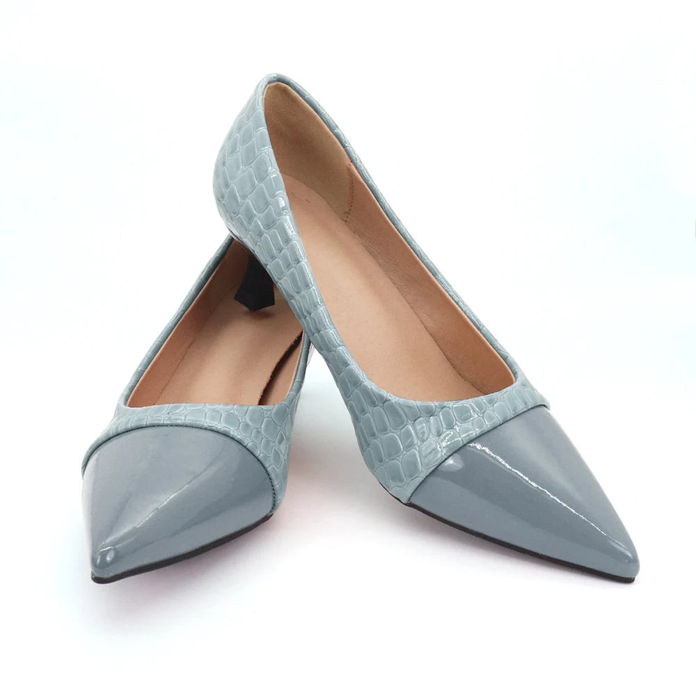 Sky Blue Pointed Toe Block Heel Pumps | Faux Leather Slip-On