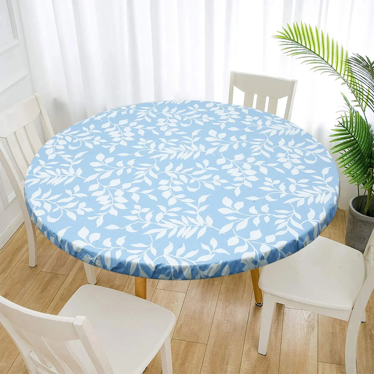 Table Cloth Waterproof Cover Plastic Elastic Edged Vinyl Fitted Tablecloth Flannel Backed Indoor Outdoor Round Wipea Table Cloth Zpaxo blue leaf S