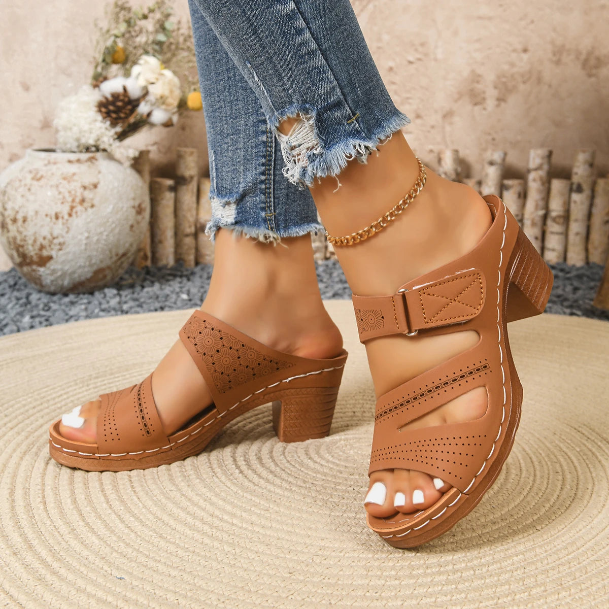 Women Lightweight Sandals 2026 Heels Dress Open Toe Shoes Hollow Zpaxo Brown 42