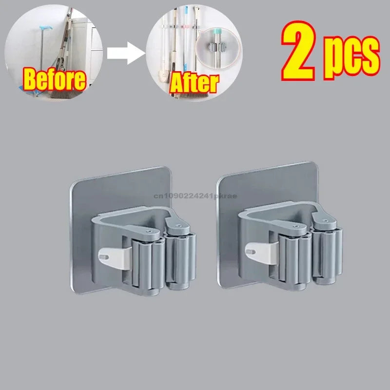 Self-adhesive Mop Holder Broom Stand Wall Mounted Mop Support Sweeping Brush Hook Storage Organizer Bathroom Kitchen Accessories Zpaxo 2pcs-Grey