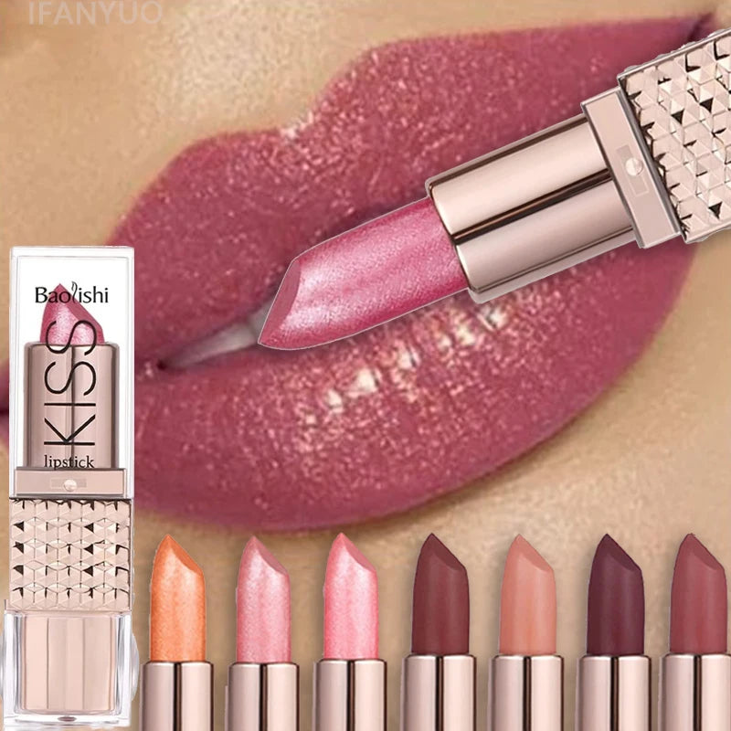 12 Colors Glitter Shiny Lipstick Waterproof Long Lasting Pearlescent