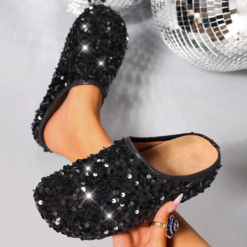 Bling Sequin Wedge Women's Slippers Round Toe Semi-sandals Outdoor Zpaxo