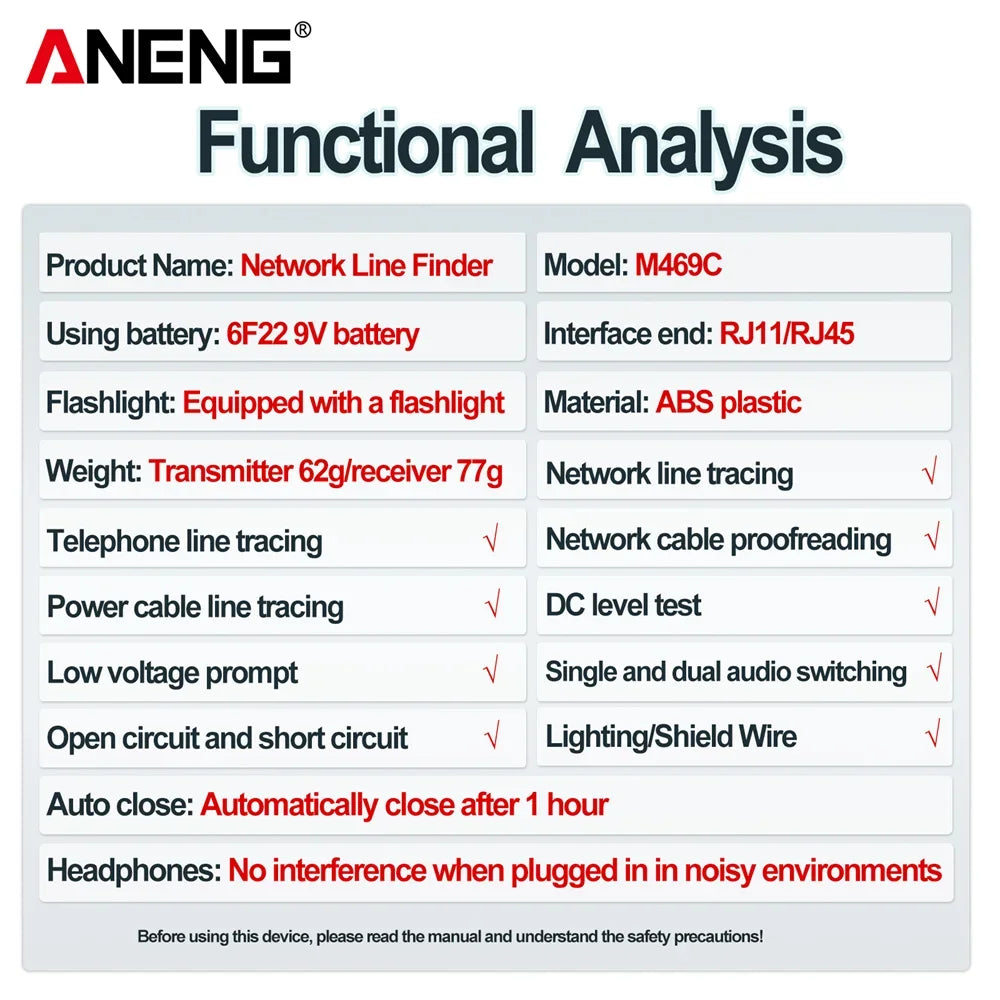 Multifunction RJ45 RJ11 LAN Cable Tester ANENG M469C Network Finder