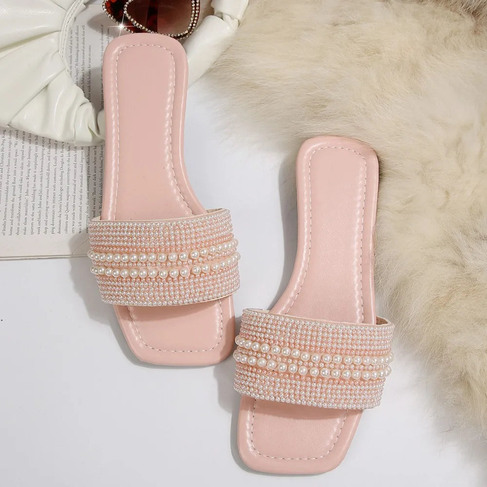 Women's Flat Bottom Sandals 2026 Summer Beaded Rhinestone Shoes