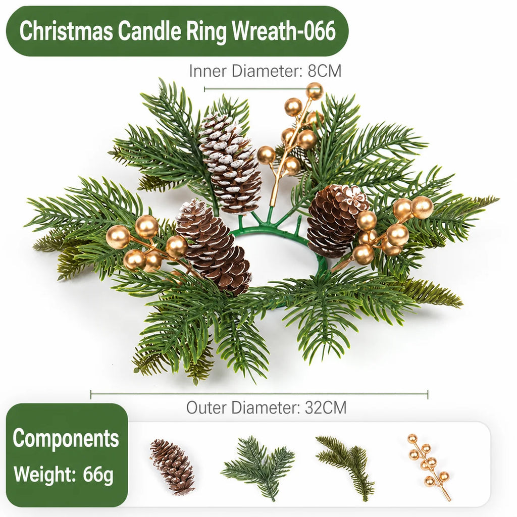 Christmas Candle Ring Wreath – Pine Cone, Holly & Red Berries