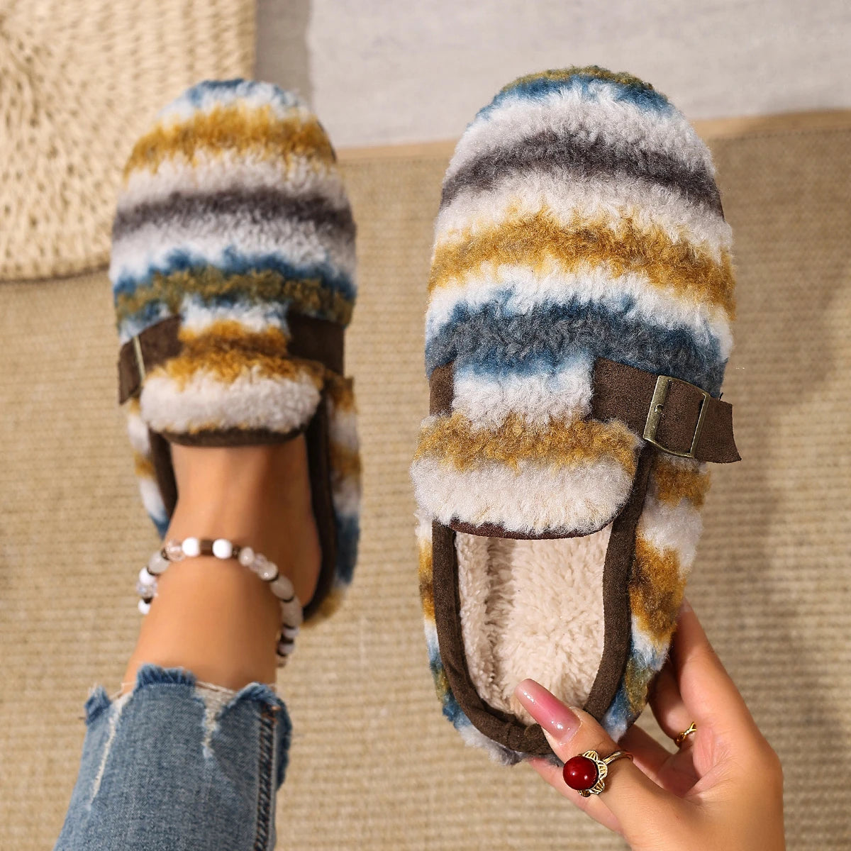 Women Slippers Fashion Outer Wear Style Women Cotton Slippers Retro Autumn Winter Warm Soft-soled Cotton Shoes Home Slides Women Zpaxo Brown 36-37