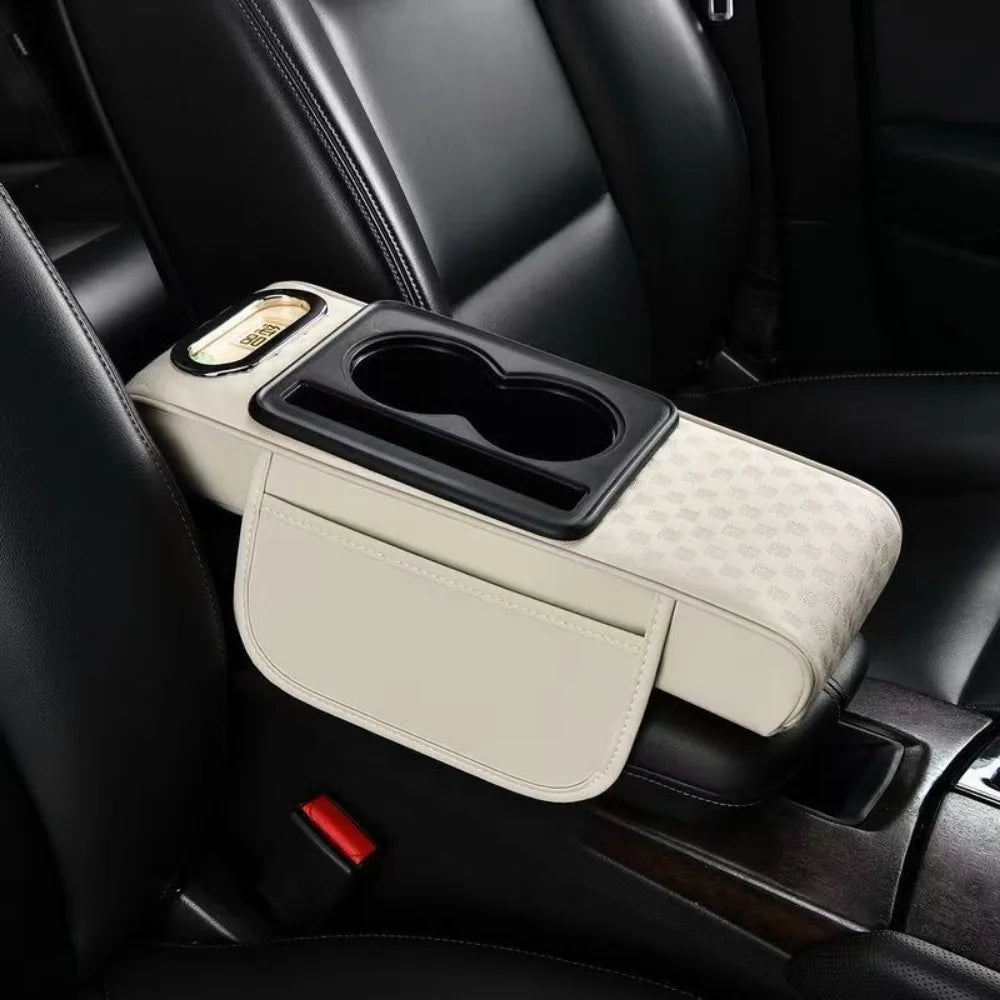 Nappa Leather Center Console Armrest Cushion Tissue Box 2 Cup Holder Car Armrest Storage Box Comfortable Phone Slot Zpaxo White S