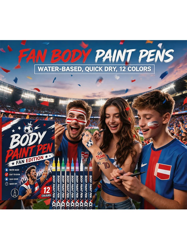 Sports Fan Body Paint Markers, 12 Vibrant Colors Quick Dry Water-Based Face & Body Pens for Game Day & Carnival Zpaxo