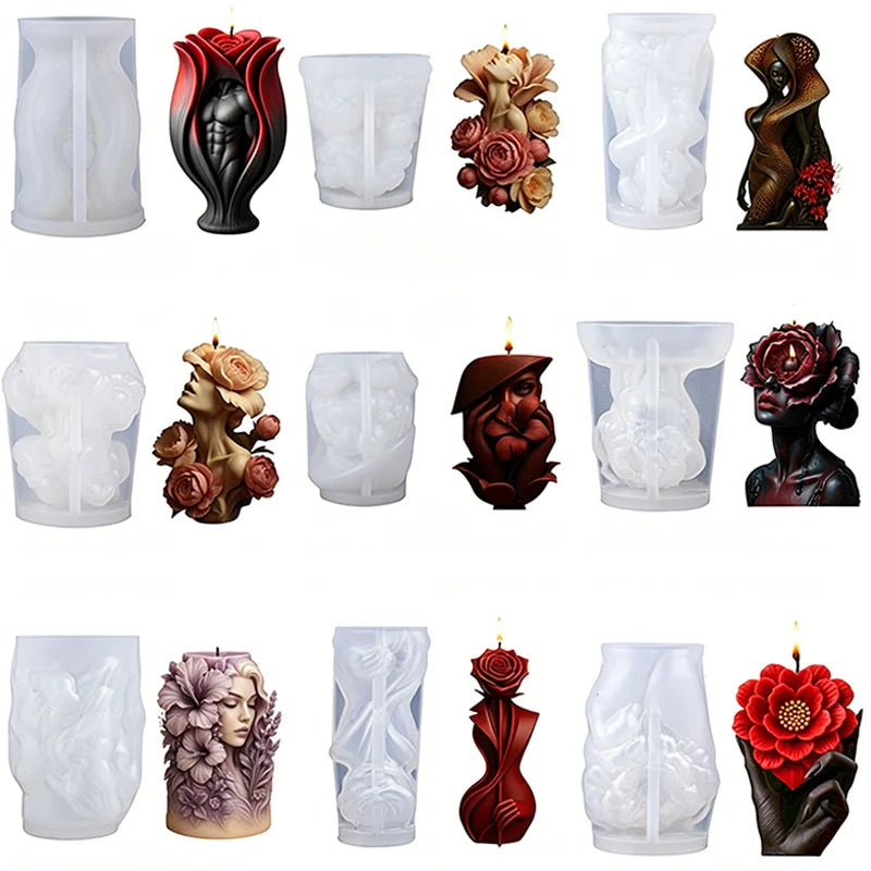 3D Figure Flower Candle Silicone Mold DIY Human Body Face Rose Peony Handmade Aroma Soap Wax Craft Resin Mould Home Decor Zpaxo