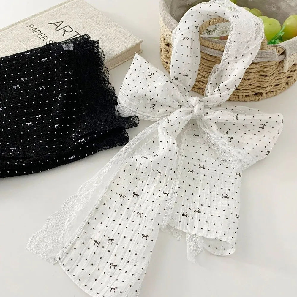 Elegant Butterfly Knot Silk Scarf Polka Dot Lightweight Drifting Belt Lace Edge Women Headscarf Zpaxo