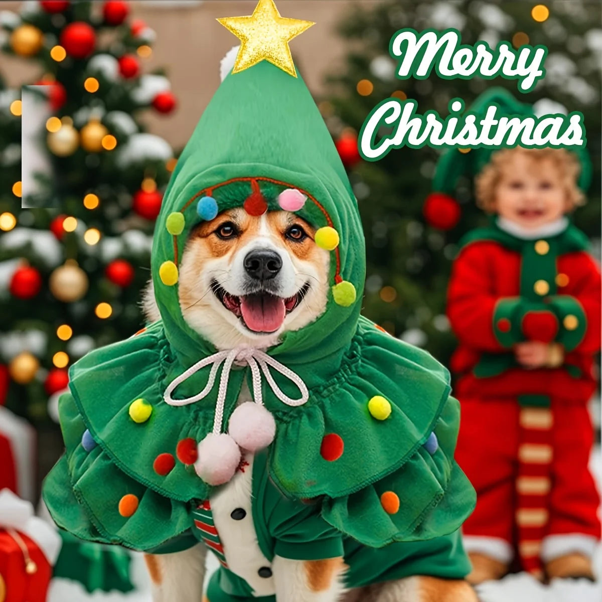 Christmas Tree Pet Costume Hooded Cape Small Dogs Cats Cute Design