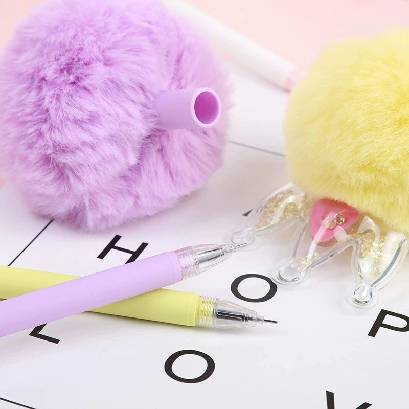 Kawaii Crown Pom Gel Pen Cute Fluffy Plush Black Ink Writing Pastel