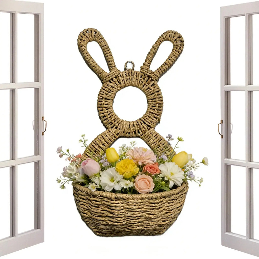 Rattan Woven Easter Bunny Wall Basket Pocket Decor Handmade Rabbit