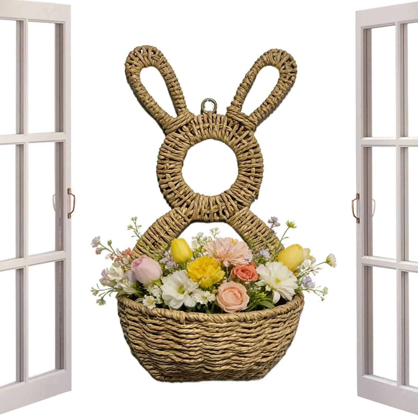Rattan Woven Easter Bunny Wall Basket Pocket Decor Handmade Rabbit