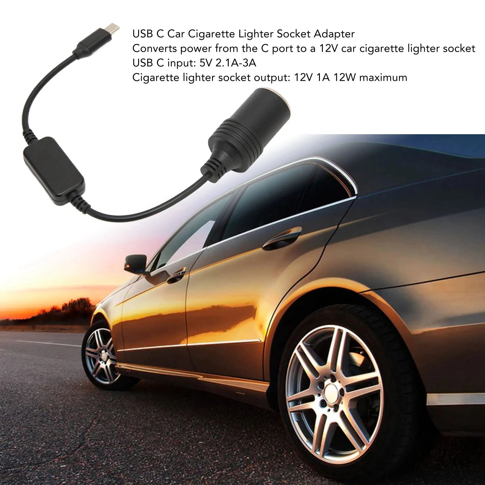 5V USB C Male 12V Car Cigarette Lighter Female Power Adapter