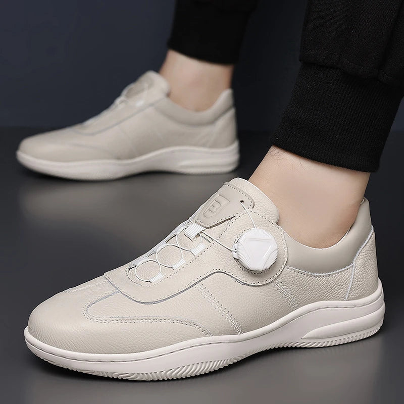 Mens Beige Leather Casual Sneakers Rotary Buckle Lace System Zpaxo