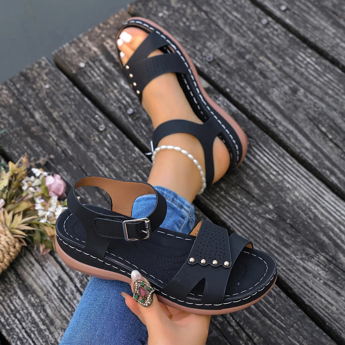 Summer Women Flat Sandals Outdoor Comfortable Ladies Shoes Plus Size Comfortable Women Shoes Lightweight Wedge Sandals Ladies Zpaxo black 43