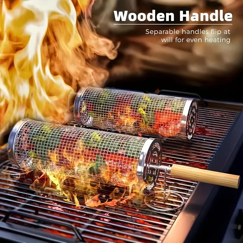 Rolling Grill Basket Detachable Handle 304 Stainless Steel Extra
