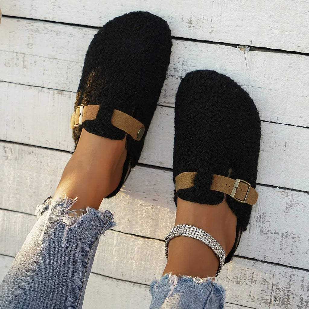 Women Slippers Winter New Mules Fur Shoes Buckle Platform Walking Plush Ladies Slides Women Casual Warm Indoor Boots Women Zpaxo
