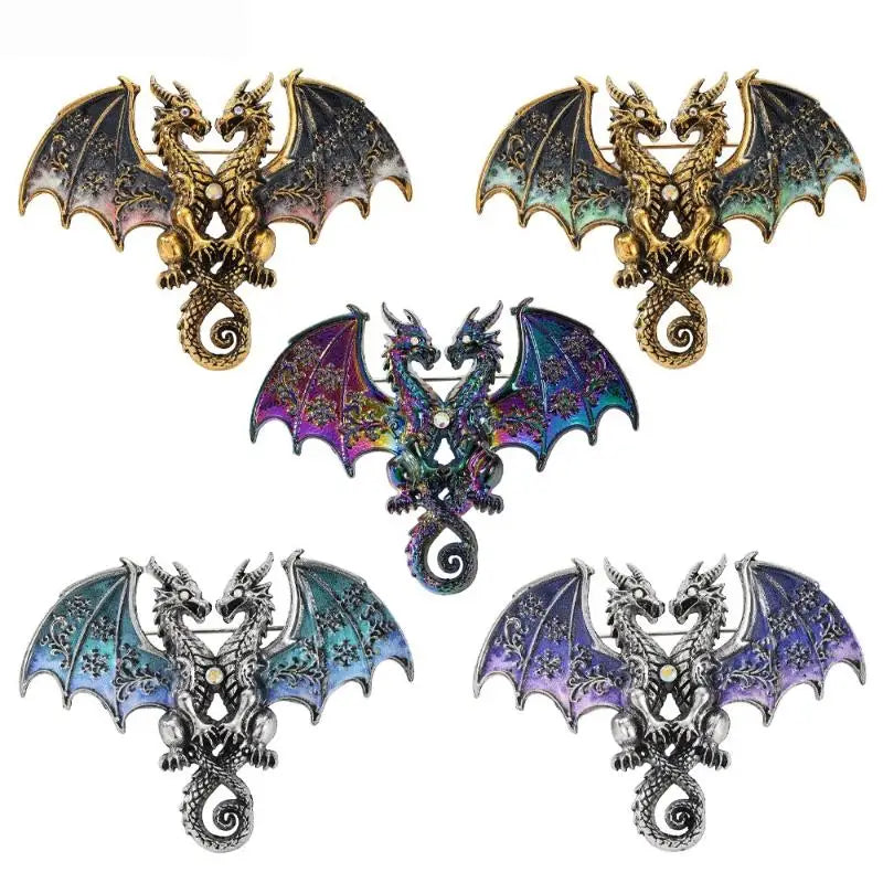 Anti-oxidation Metal Double Headed Dragon Brooch Unisex Animal Pin Zpaxo